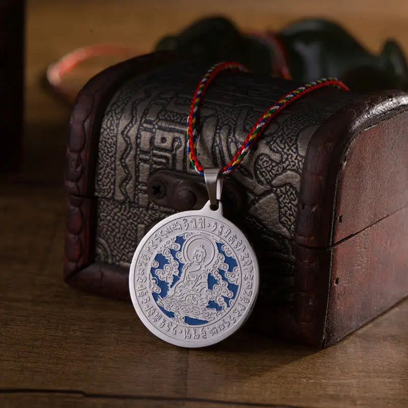 Fortune Jewel Blue Medicine Buddha Heart Mantra Titanium Steel Faith Colored Rope Necklace Pendant Fortune Jewel