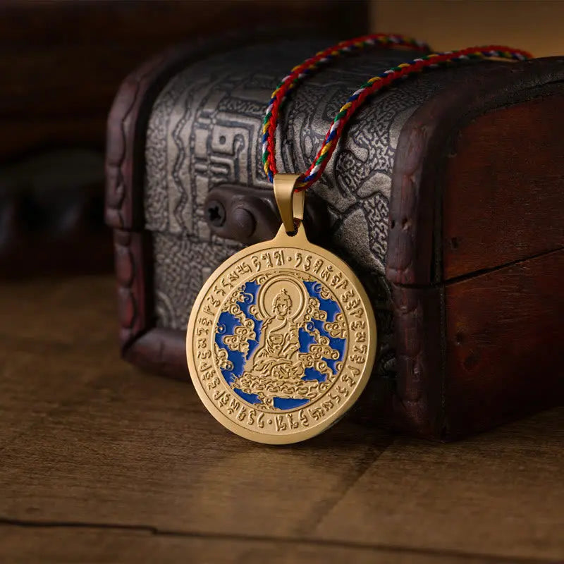 Fortune Jewel Blue Medicine Buddha Heart Mantra Titanium Steel Faith Colored Rope Necklace Pendant Fortune Jewel