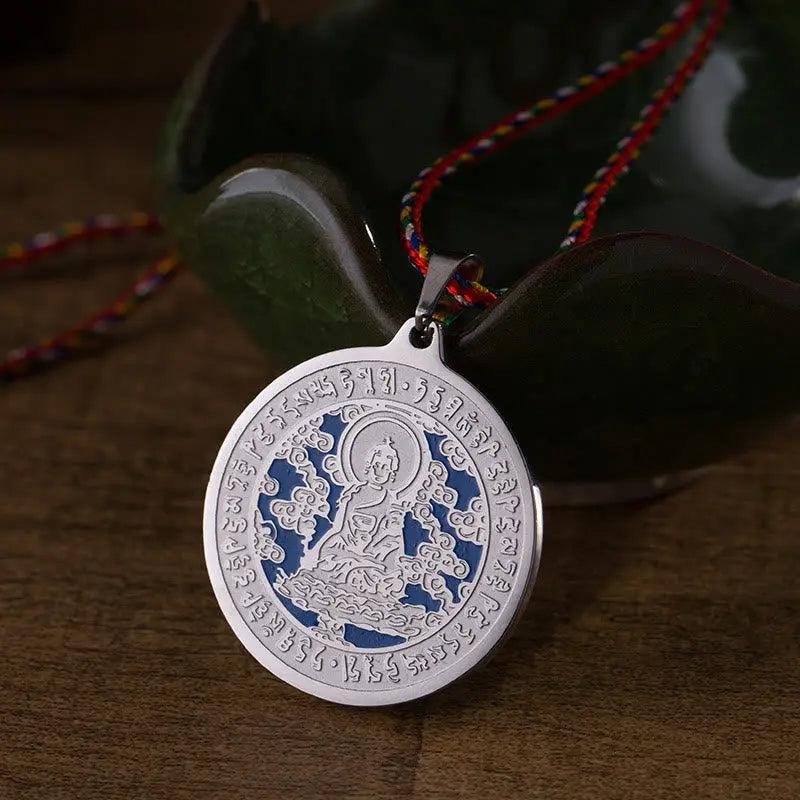 Fortune Jewel Blue Medicine Buddha Heart Mantra Titanium Steel Faith Colored Rope Necklace Pendant Fortune Jewel