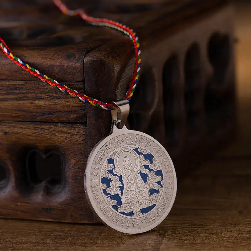 Fortune Jewel Blue Medicine Buddha Heart Mantra Titanium Steel Faith Colored Rope Necklace Pendant Fortune Jewel
