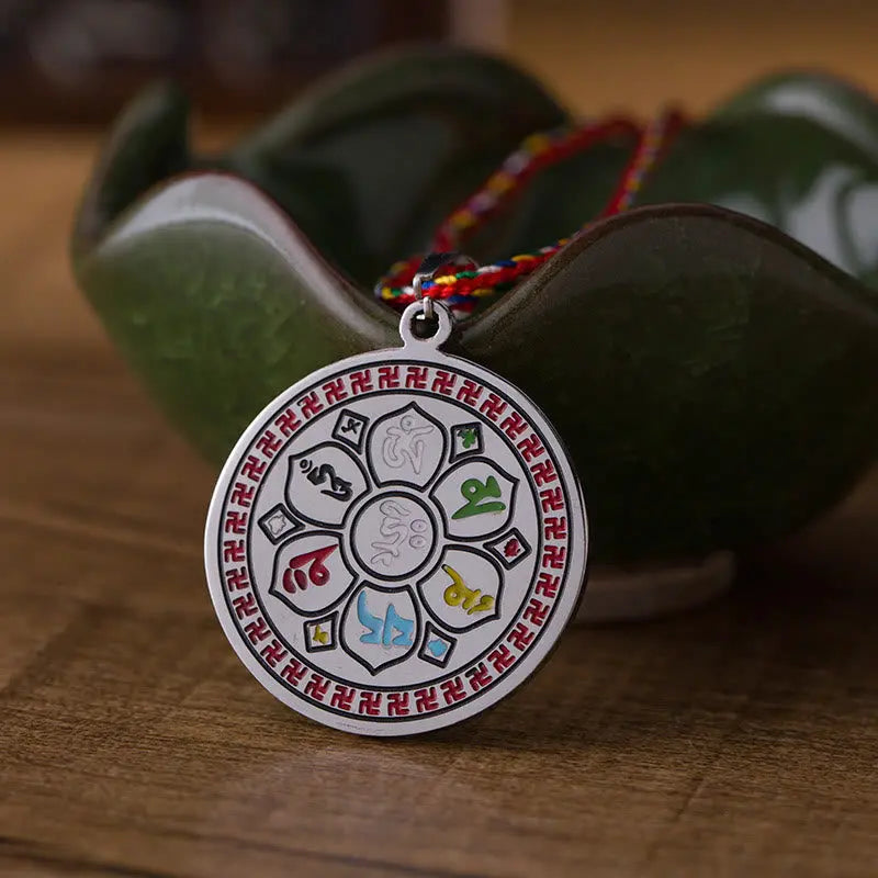 Fortune Jewel Colorful Om Mani Padme Hum Titanium Steel Protection Rope Necklace Pendant Fortune Jewel