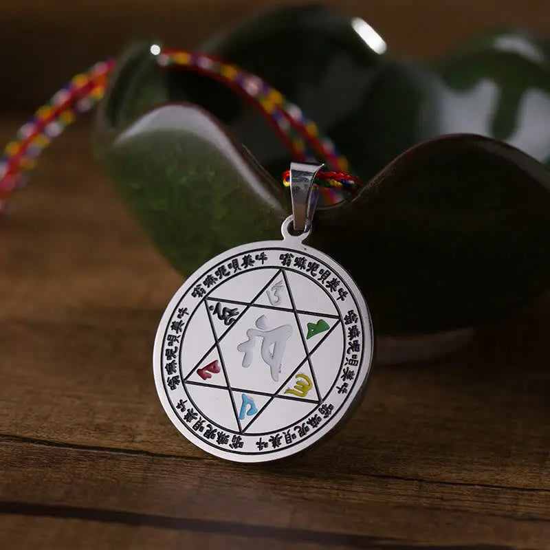 Fortune Jewel Colorful Om Mani Padme Hum Titanium Steel Protection Rope Necklace Pendant Fortune Jewel