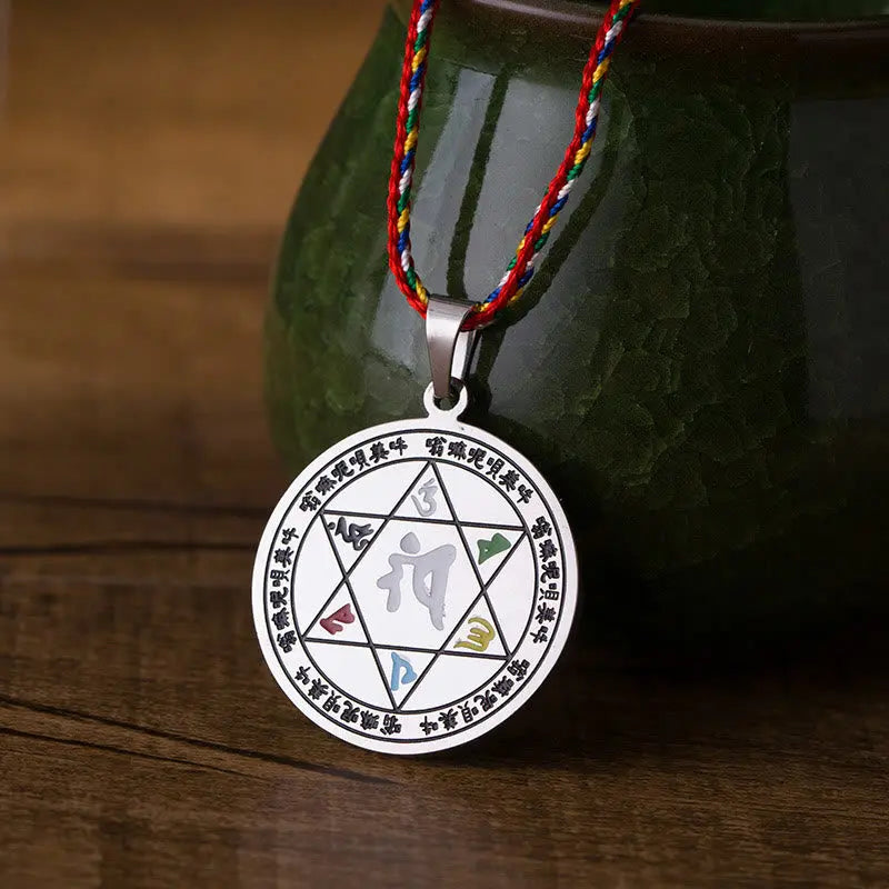 Fortune Jewel Colorful Om Mani Padme Hum Titanium Steel Protection Rope Necklace Pendant Fortune Jewel