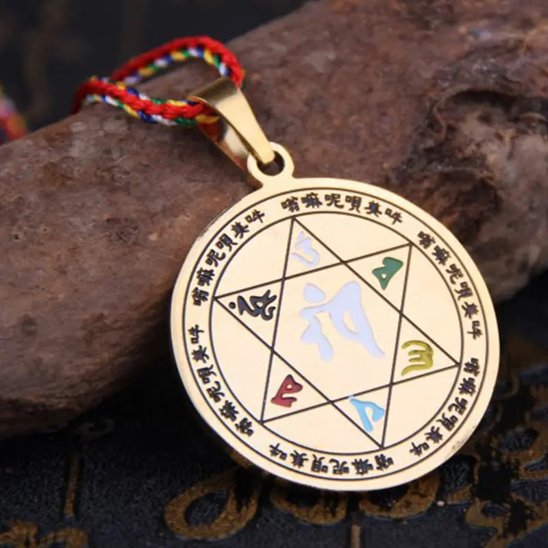 Fortune Jewel Colorful Om Mani Padme Hum Titanium Steel Protection Rope Necklace Pendant Fortune Jewel