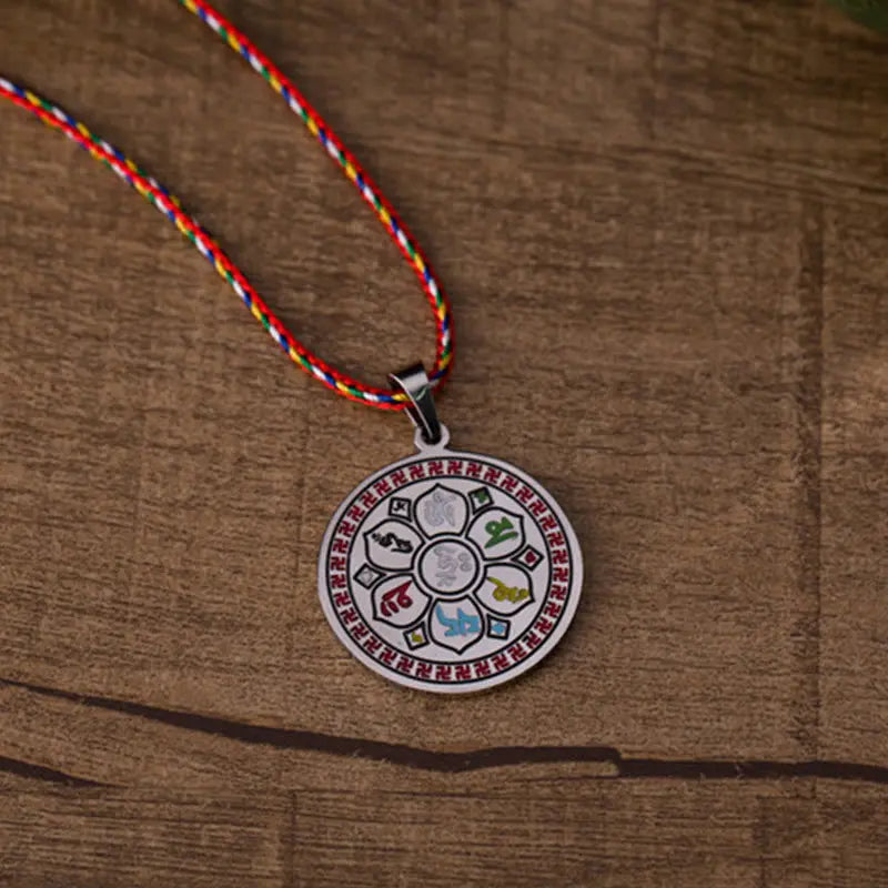 Fortune Jewel Colorful Om Mani Padme Hum Titanium Steel Protection Rope Necklace Pendant Fortune Jewel