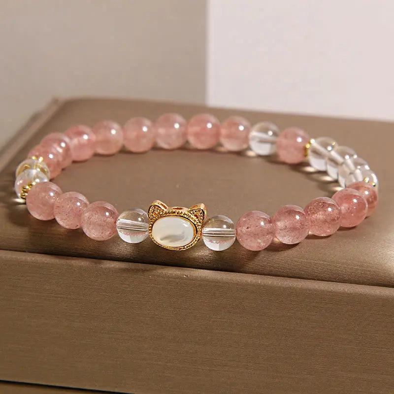 Fortune Jewel Cat Natural Strawberry Quartz White Crystal Bead Healing Bracelet Fortune Jewel