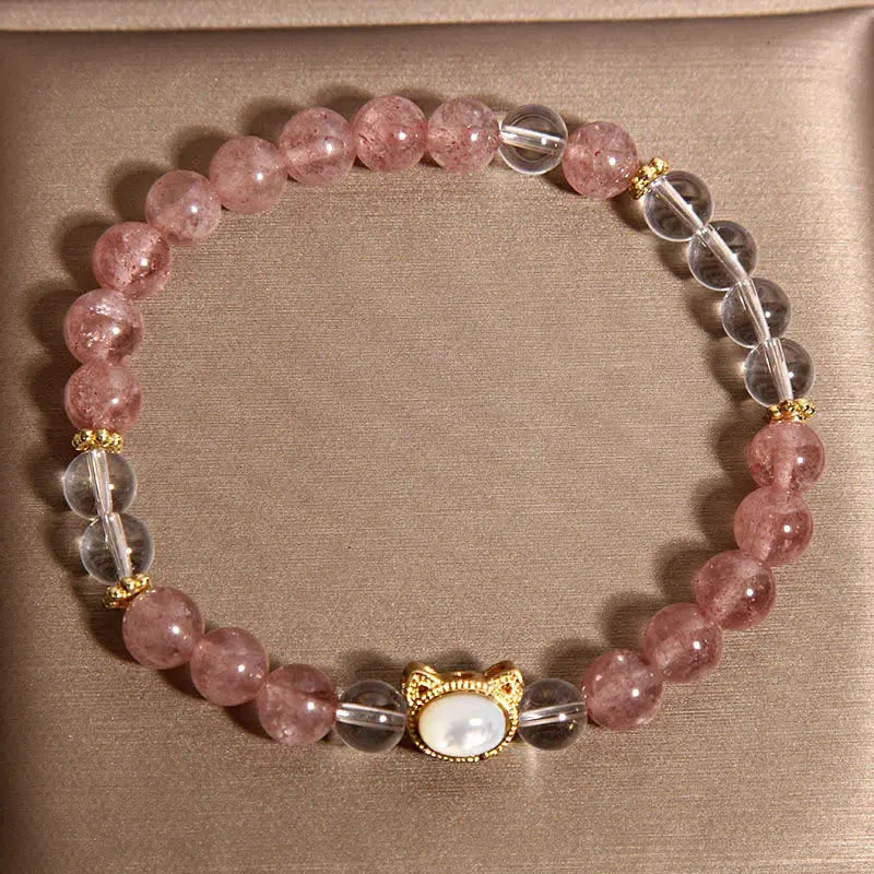 Fortune Jewel Cat Natural Strawberry Quartz White Crystal Bead Healing Bracelet Fortune Jewel