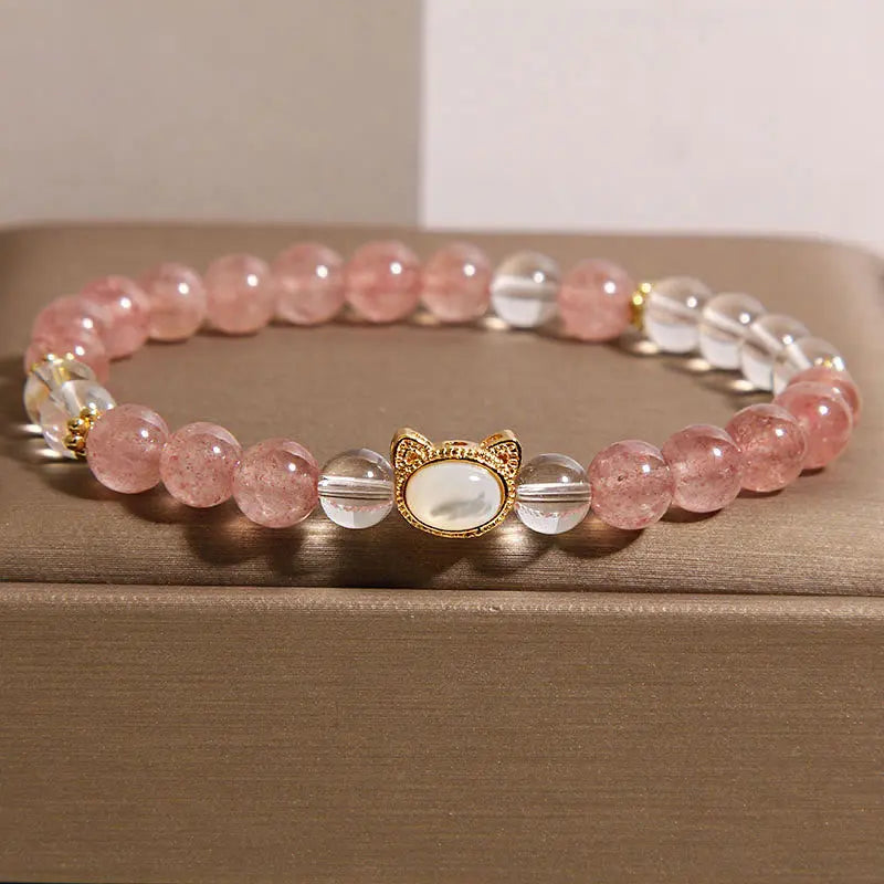 Fortune Jewel Cat Natural Strawberry Quartz White Crystal Bead Healing Bracelet Fortune Jewel