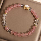 Fortune Jewel Cat Natural Strawberry Quartz White Crystal Bead Healing Bracelet Fortune Jewel