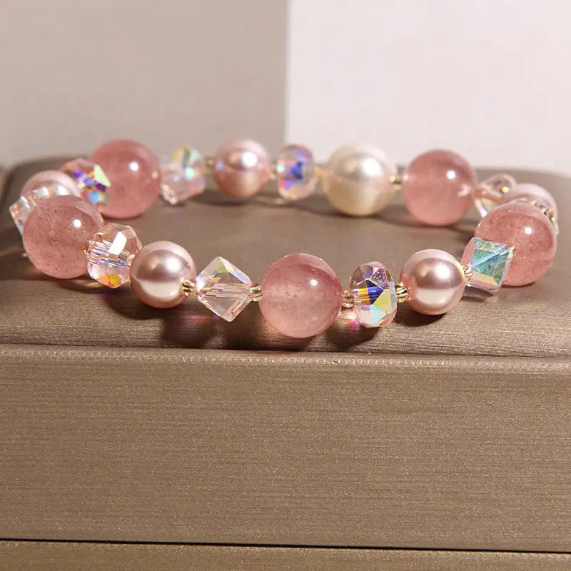 Fortune Jewel Natural Strawberry Quartz White Crystal Pearl Positive Bracelet Fortune Jewel