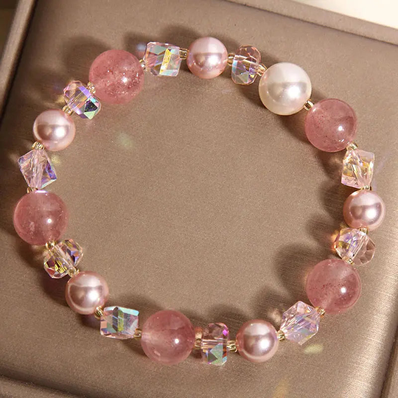 Fortune Jewel Natural Strawberry Quartz White Crystal Pearl Positive Bracelet Fortune Jewel