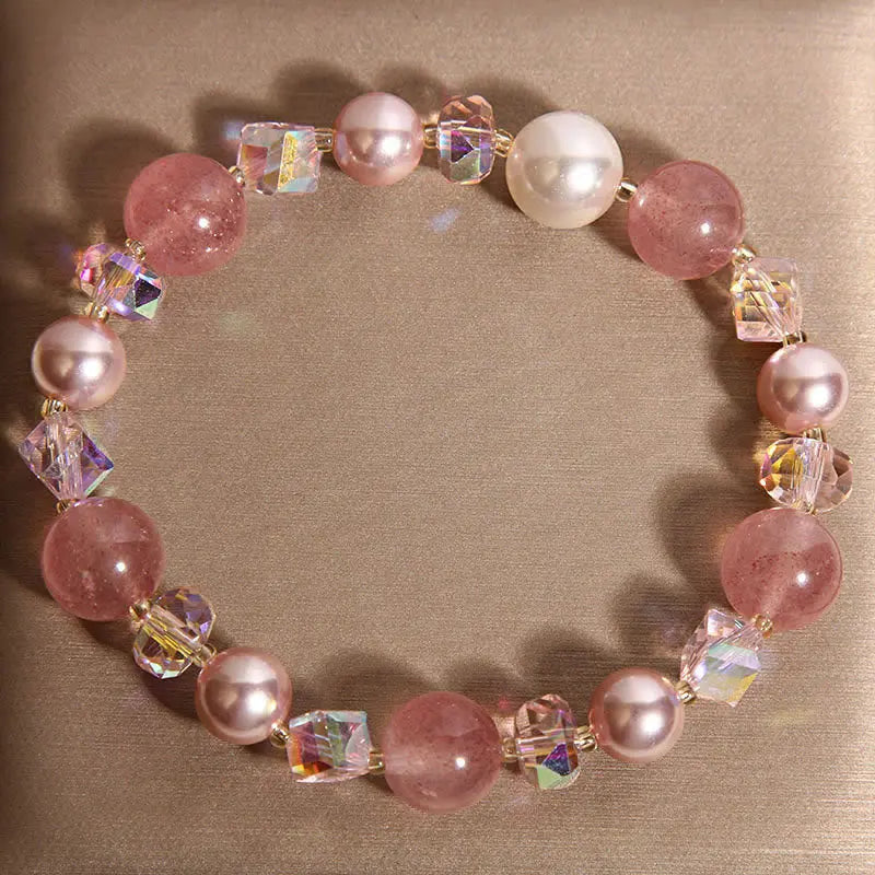 Fortune Jewel Natural Strawberry Quartz White Crystal Pearl Positive Bracelet Fortune Jewel