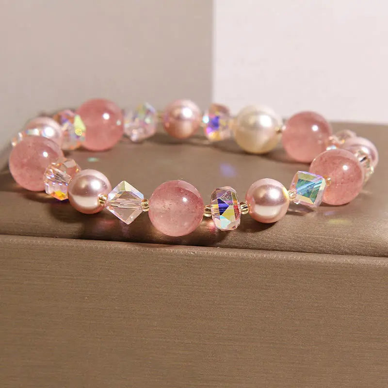 Fortune Jewel Natural Strawberry Quartz White Crystal Pearl Positive Bracelet Fortune Jewel