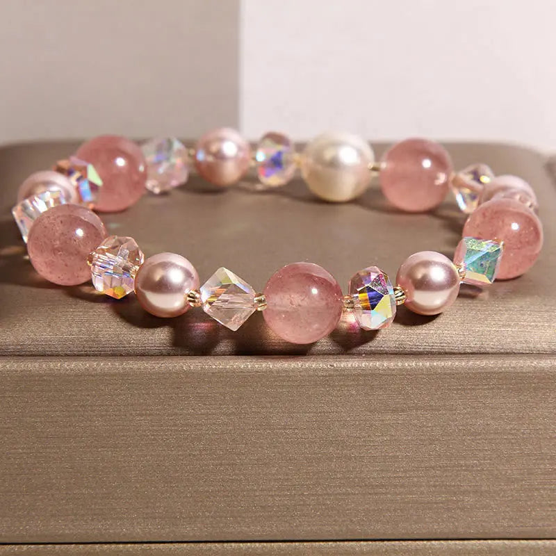 Fortune Jewel Natural Strawberry Quartz White Crystal Pearl Positive Bracelet Fortune Jewel