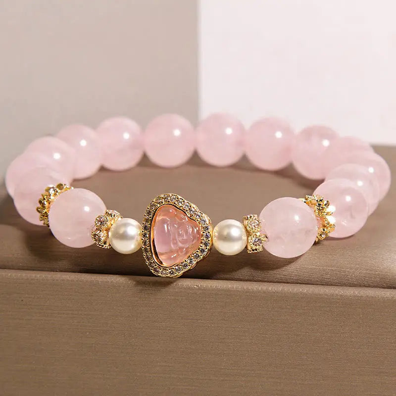 Fortune Jewel Natural Buddha Symbol Pink Crystal Pearl Warmth Bracelet Fortune Jewel