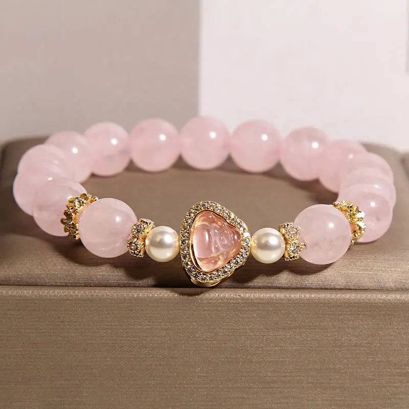 Fortune Jewel Natural Buddha Symbol Pink Crystal Pearl Warmth Bracelet Fortune Jewel