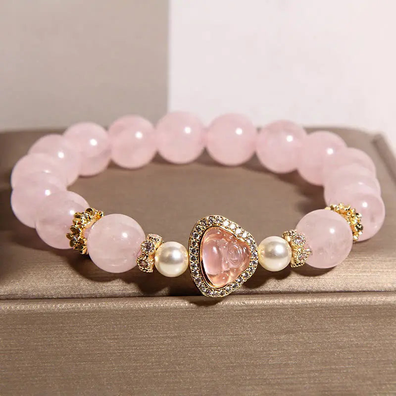 Fortune Jewel Natural Buddha Symbol Pink Crystal Pearl Warmth Bracelet Fortune Jewel