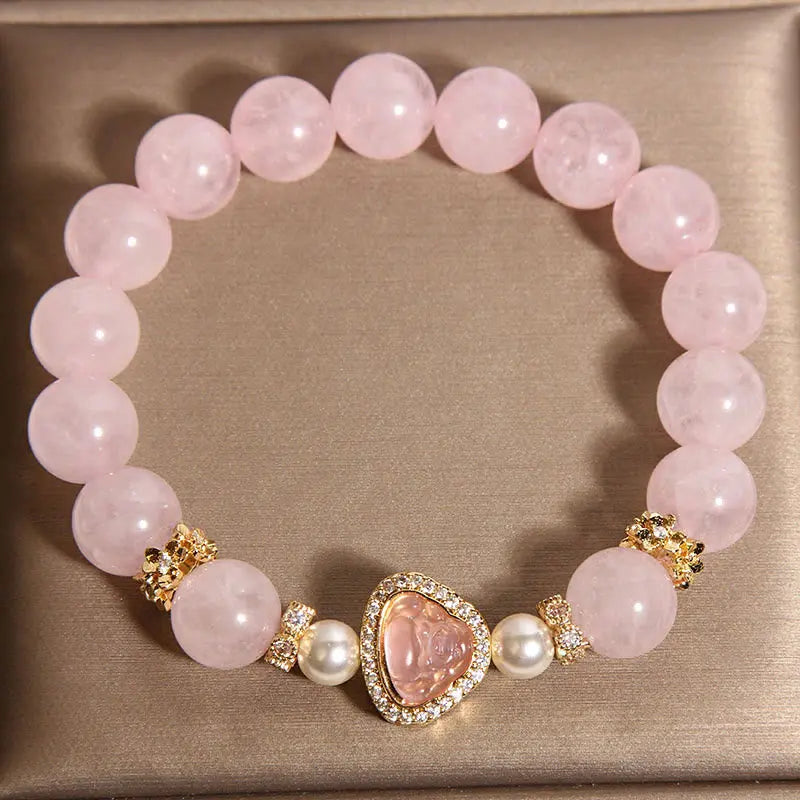 Fortune Jewel Natural Buddha Symbol Pink Crystal Pearl Warmth Bracelet Fortune Jewel