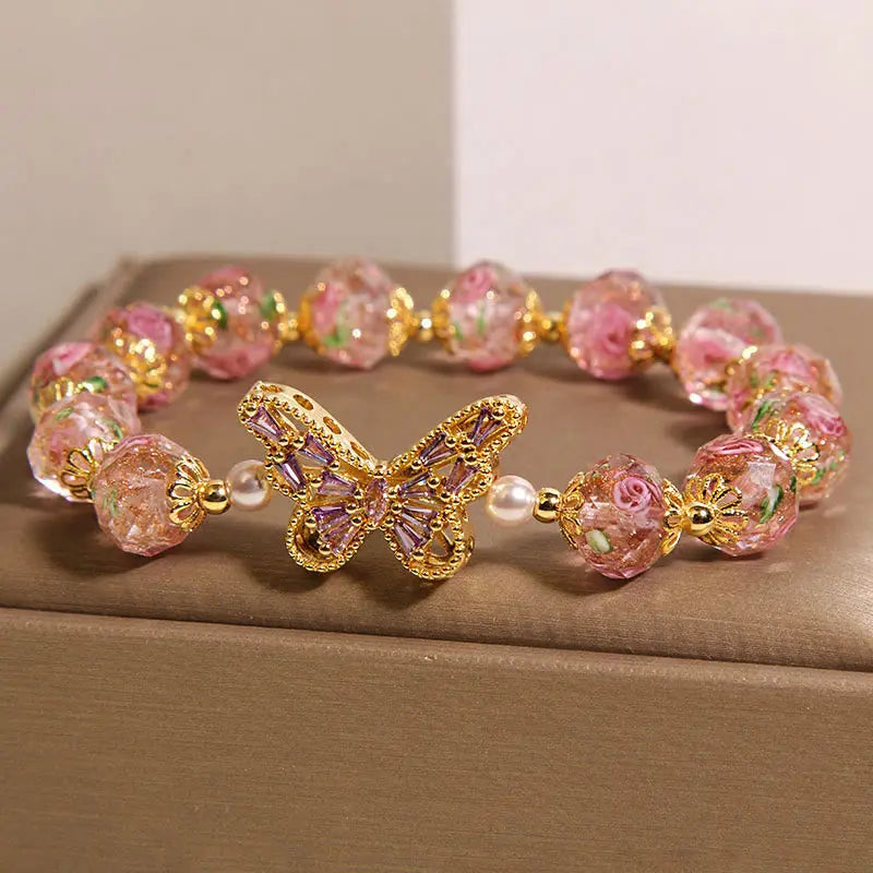 Fortune Jewel Natural Butterfly Rose Design Pink Crystal Warmth Bracelet Fortune Jewel
