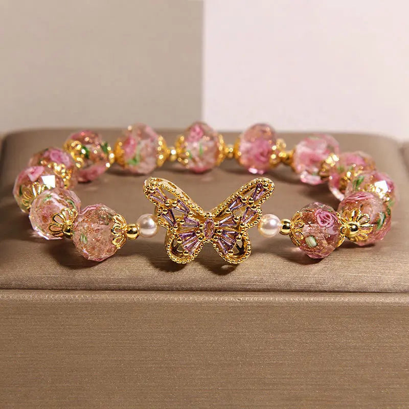 Fortune Jewel Natural Butterfly Rose Design Pink Crystal Warmth Bracelet Fortune Jewel
