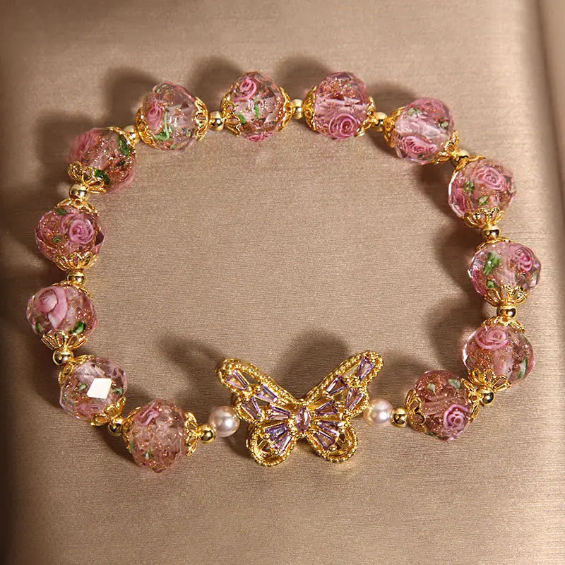 Fortune Jewel Natural Butterfly Rose Design Pink Crystal Warmth Bracelet Fortune Jewel