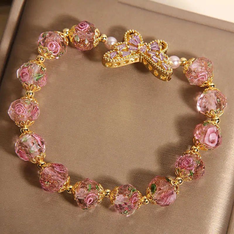 Fortune Jewel Natural Butterfly Rose Design Pink Crystal Warmth Bracelet Fortune Jewel