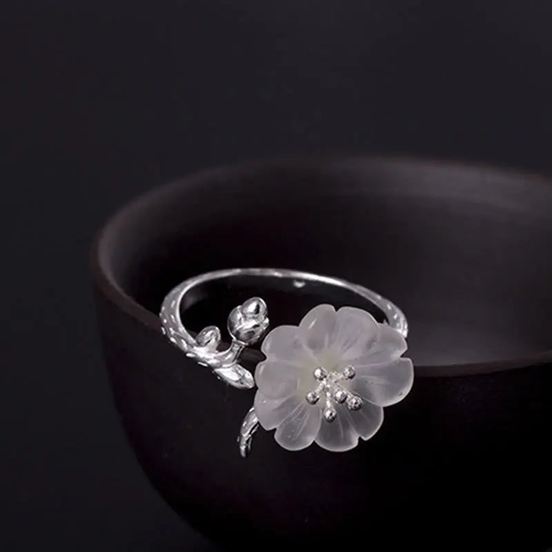 Fortune Jewel Natural White Crystal Flower 925 Sterling Silver Adjustable Healing Ring Fortune Jewel