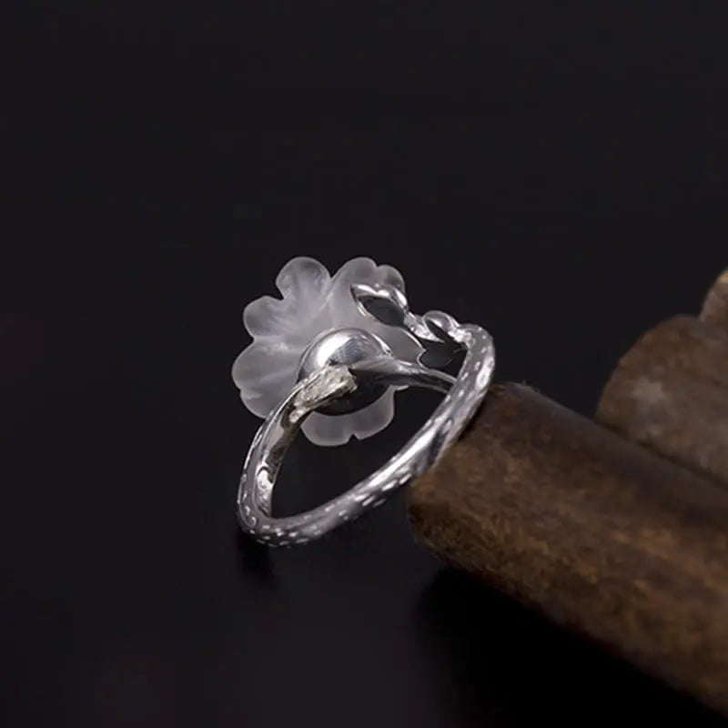 Fortune Jewel Natural White Crystal Flower 925 Sterling Silver Adjustable Healing Ring Fortune Jewel