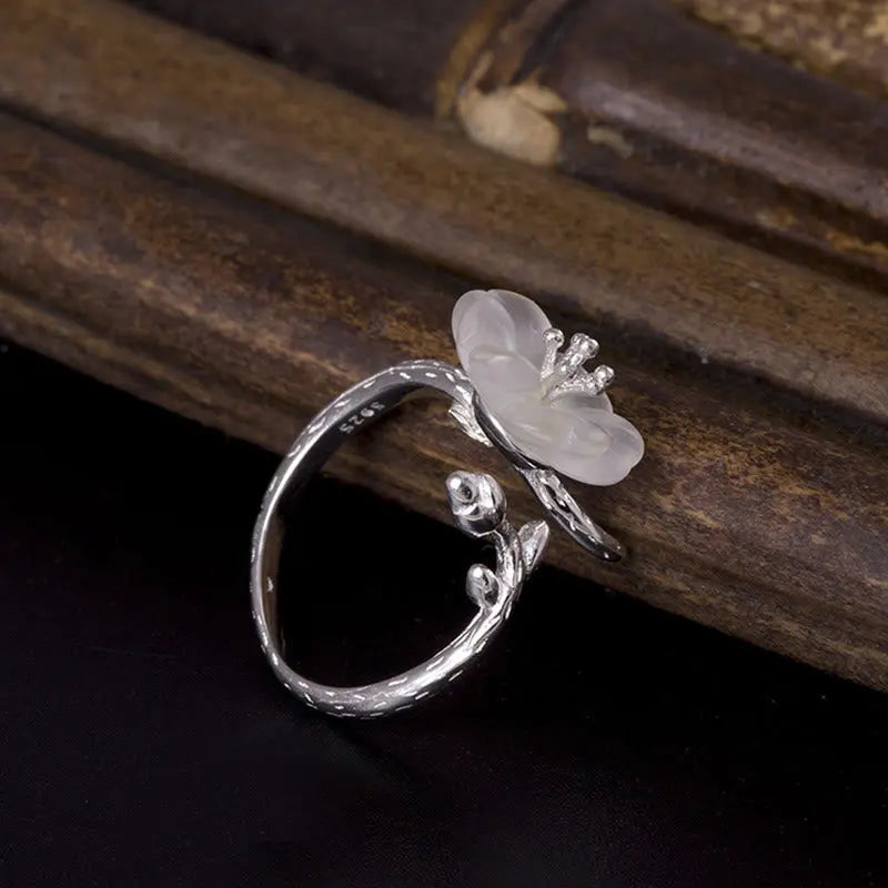Fortune Jewel Natural White Crystal Flower 925 Sterling Silver Adjustable Healing Ring Fortune Jewel