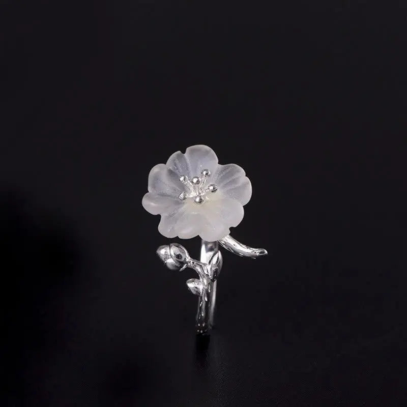 Fortune Jewel Natural White Crystal Flower 925 Sterling Silver Adjustable Healing Ring Fortune Jewel