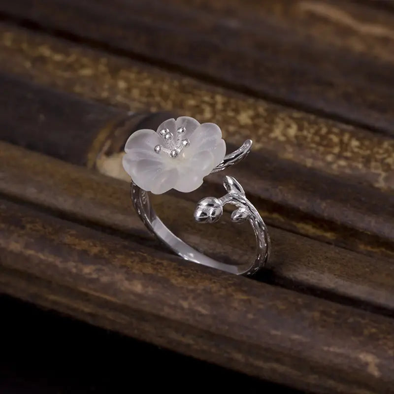 Fortune Jewel Natural White Crystal Flower 925 Sterling Silver Adjustable Healing Ring Fortune Jewel