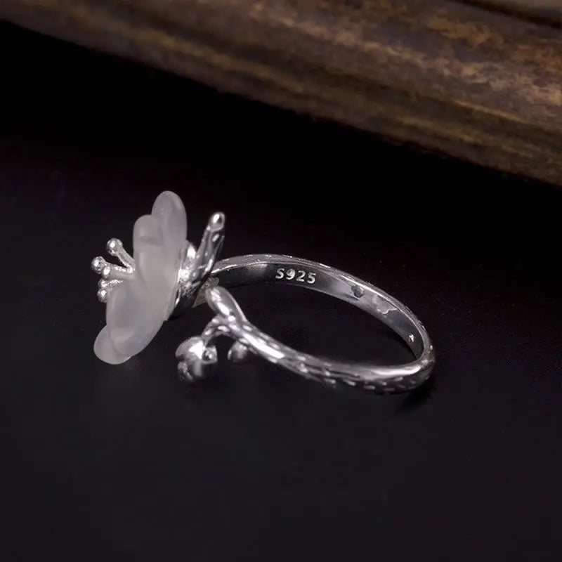 Fortune Jewel Natural White Crystal Flower 925 Sterling Silver Adjustable Healing Ring Fortune Jewel