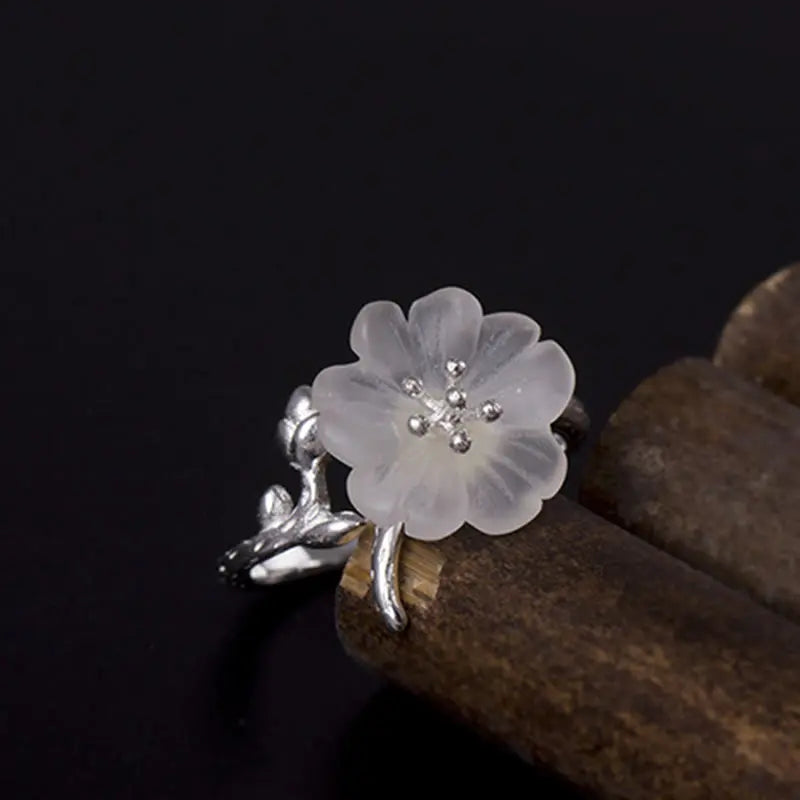 Fortune Jewel Natural White Crystal Flower 925 Sterling Silver Adjustable Healing Ring Fortune Jewel
