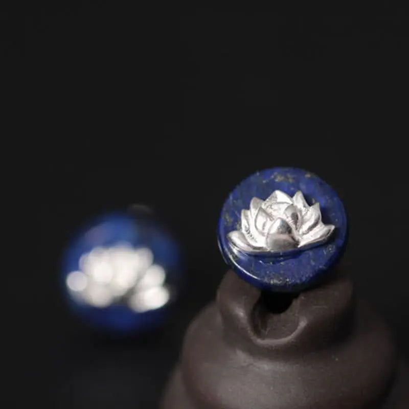 Fortune Jewel Lazurite 925 Sterling Silver Lotus Pattern Enlightenment Earrings Fortune Jewel