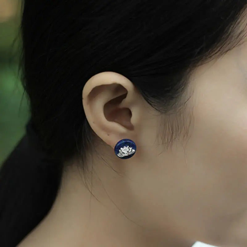 Fortune Jewel Lazurite 925 Sterling Silver Lotus Pattern Enlightenment Earrings Fortune Jewel