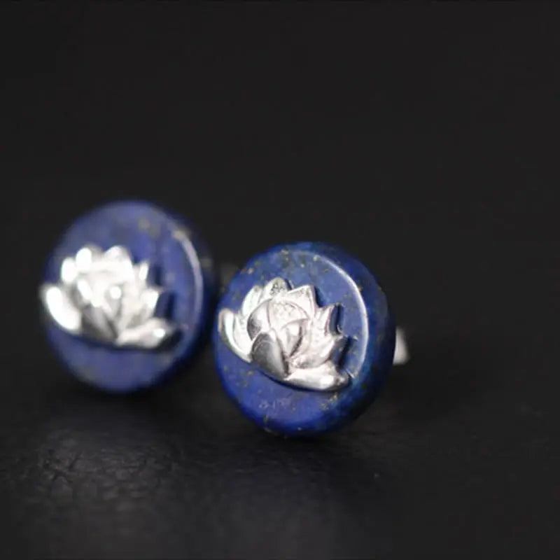 Fortune Jewel Lazurite 925 Sterling Silver Lotus Pattern Enlightenment Earrings Fortune Jewel