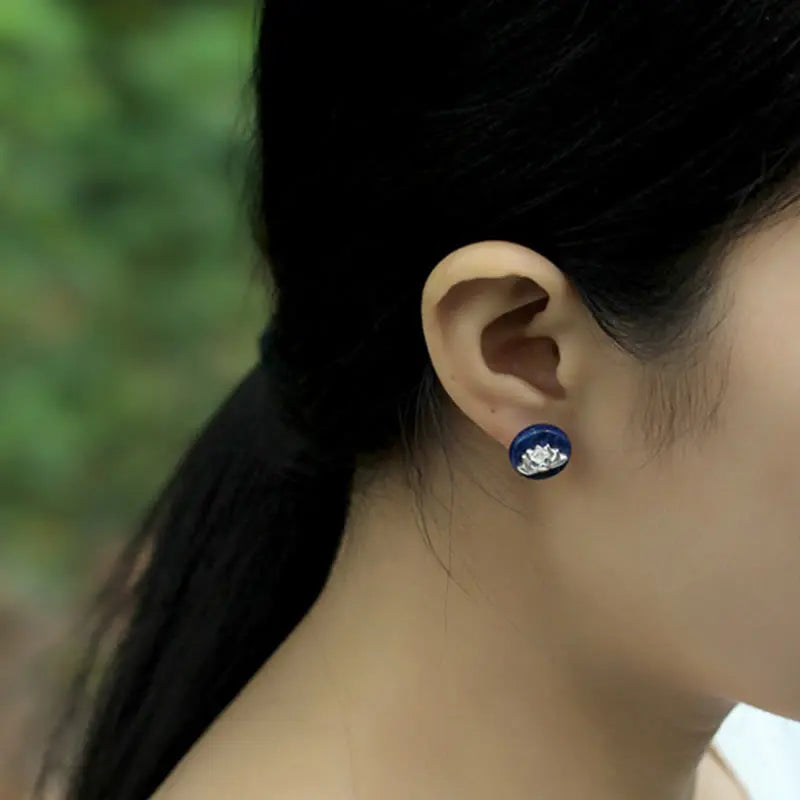 Fortune Jewel Lazurite 925 Sterling Silver Lotus Pattern Enlightenment Earrings Fortune Jewel