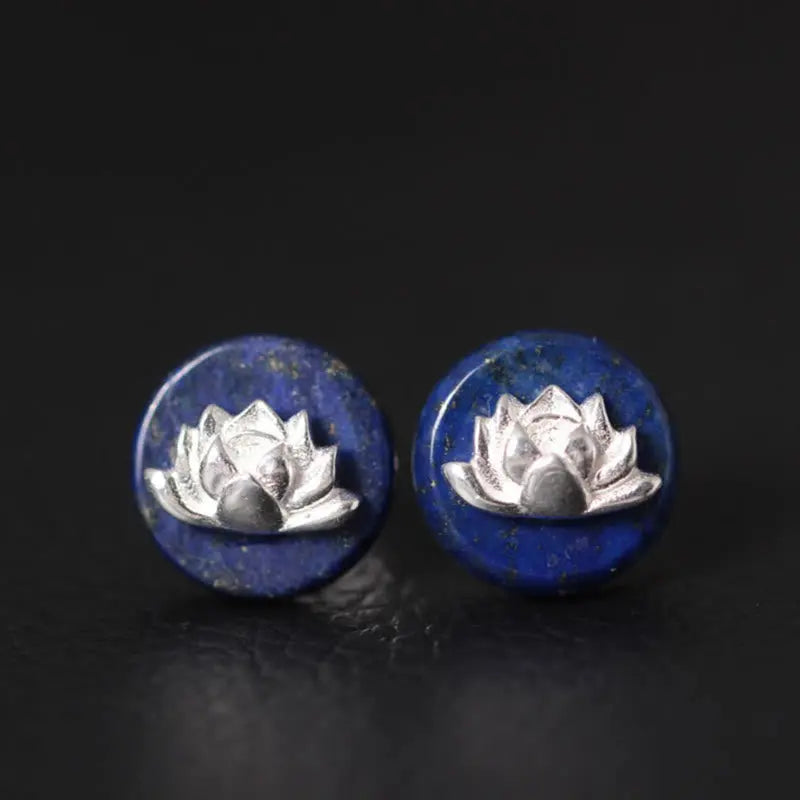 Fortune Jewel Lazurite 925 Sterling Silver Lotus Pattern Enlightenment Earrings Fortune Jewel