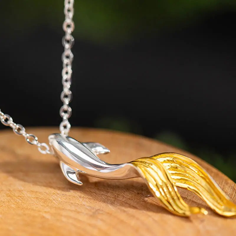 Fortune Jewel 925 Sterling Silver Golden Koi Fish Luck Necklace Pendant Fortune Jewel