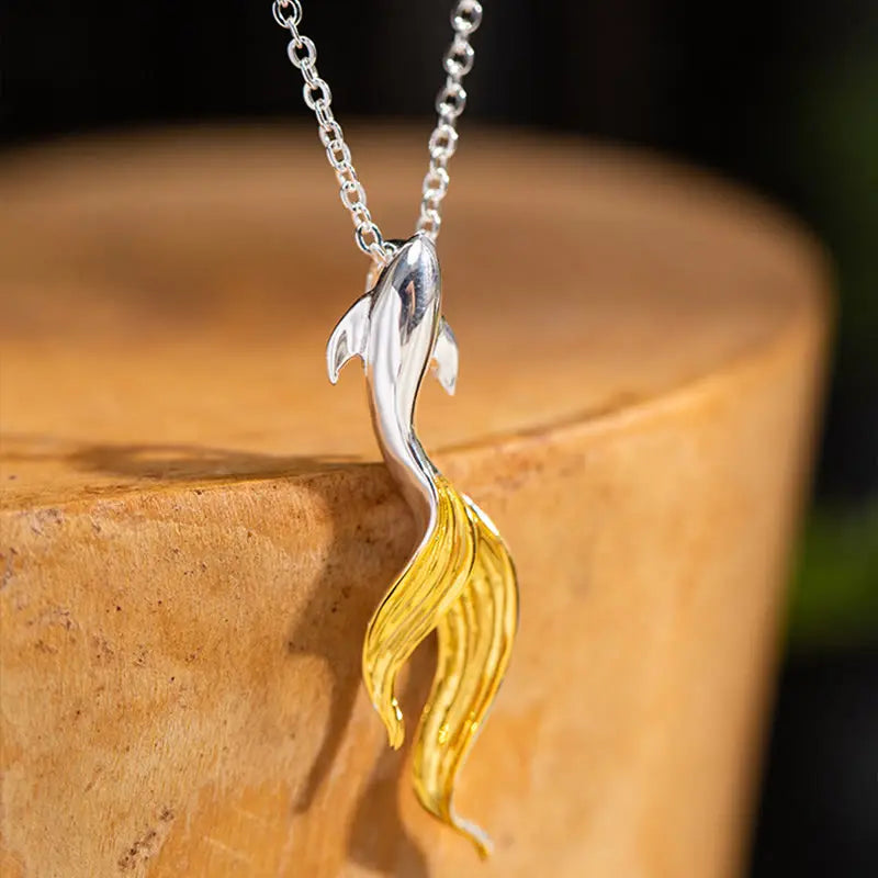 Fortune Jewel 925 Sterling Silver Golden Koi Fish Luck Necklace Pendant Fortune Jewel