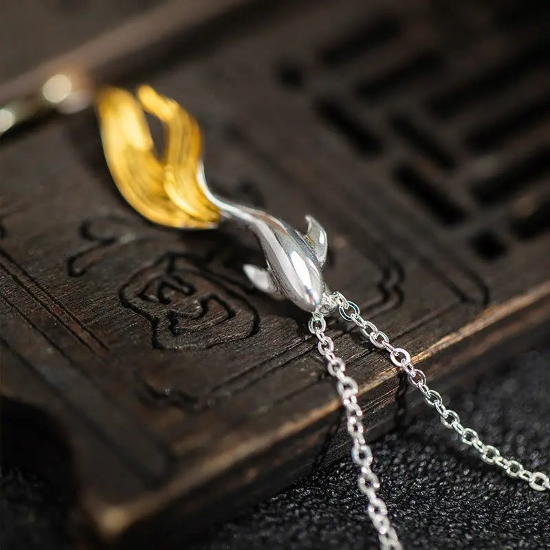 Fortune Jewel 925 Sterling Silver Golden Koi Fish Luck Necklace Pendant Fortune Jewel