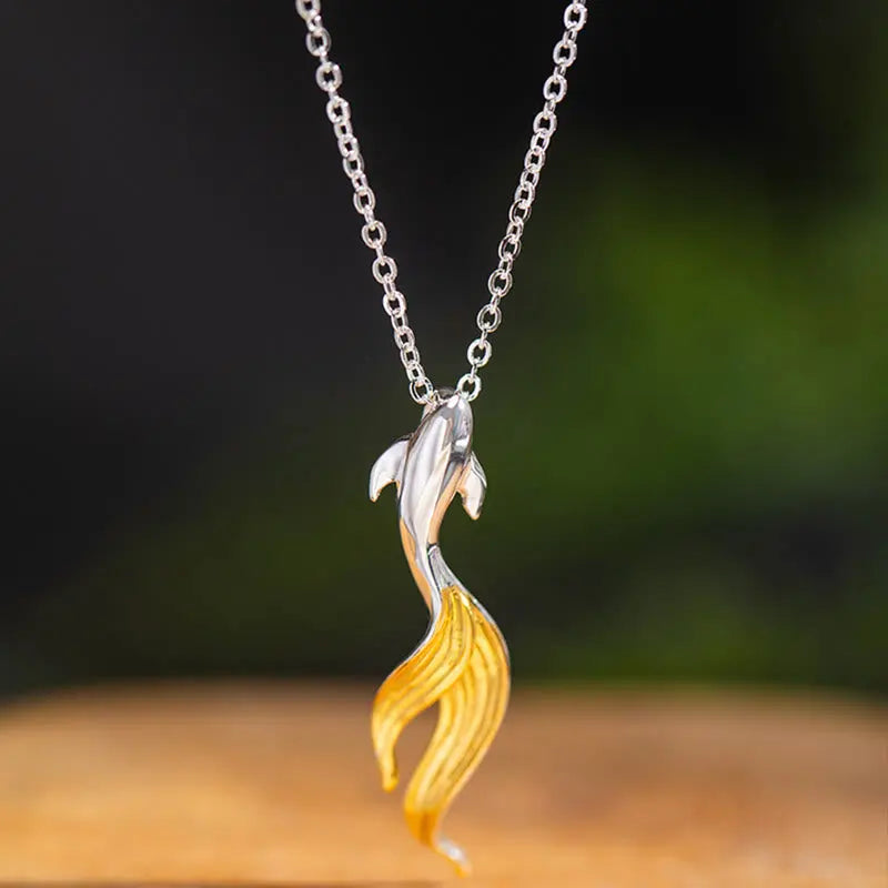 Fortune Jewel 925 Sterling Silver Golden Koi Fish Luck Necklace Pendant Fortune Jewel