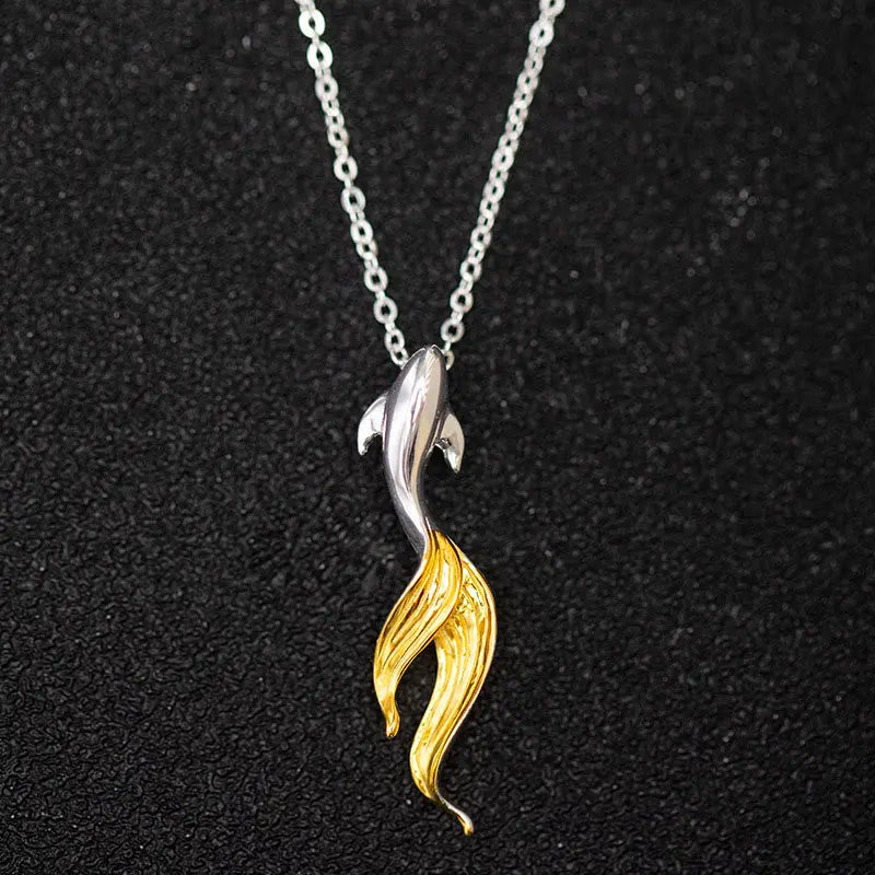 Fortune Jewel 925 Sterling Silver Golden Koi Fish Luck Necklace Pendant Fortune Jewel