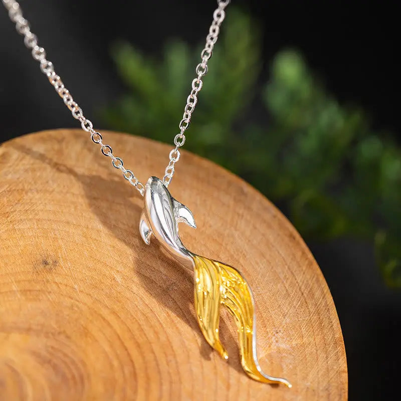 Fortune Jewel 925 Sterling Silver Golden Koi Fish Luck Necklace Pendant Fortune Jewel