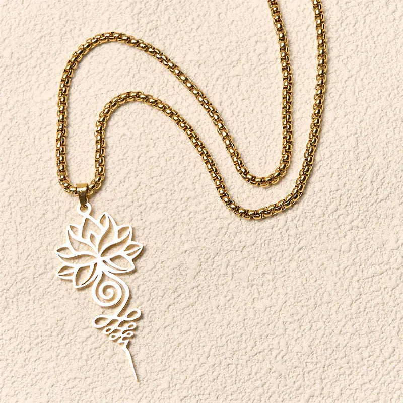 Fortune Jewel Lotus Unalome Chakra Symbol Design Stainless Steel Enlightenment Necklace Pendant Fortune Jewel