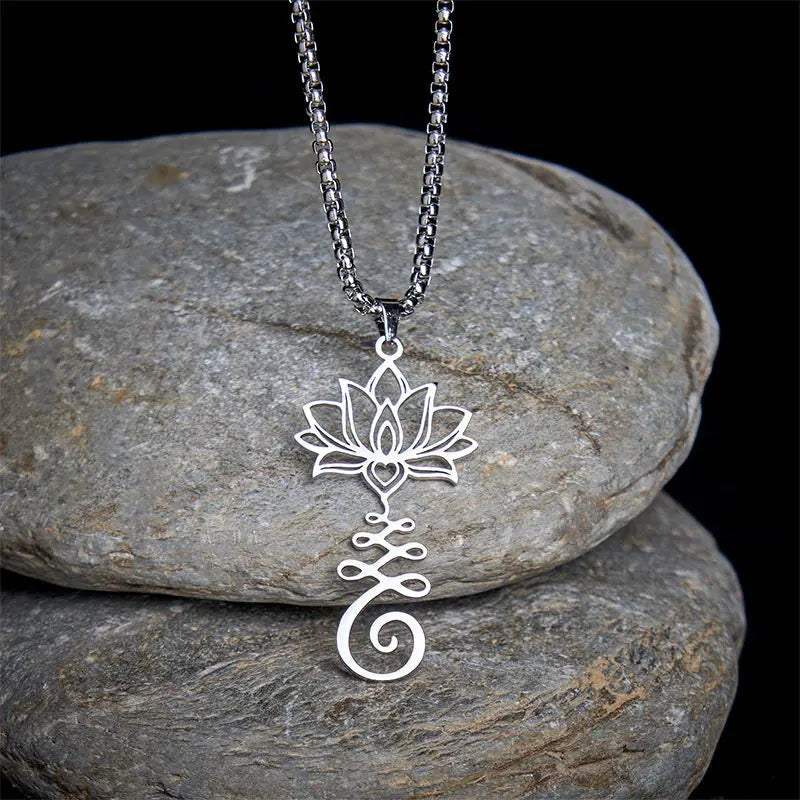 Fortune Jewel Chakra Symbol Irregular Design Lotus Stainless Steel Enlightenment Necklace Pendant Fortune Jewel