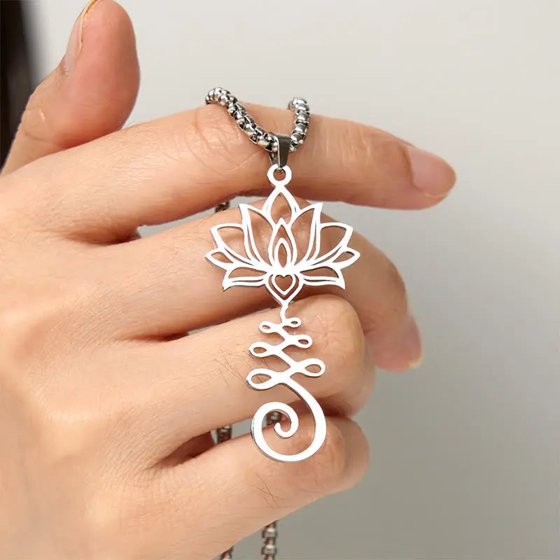 Fortune Jewel Chakra Symbol Irregular Design Lotus Stainless Steel Enlightenment Necklace Pendant Fortune Jewel