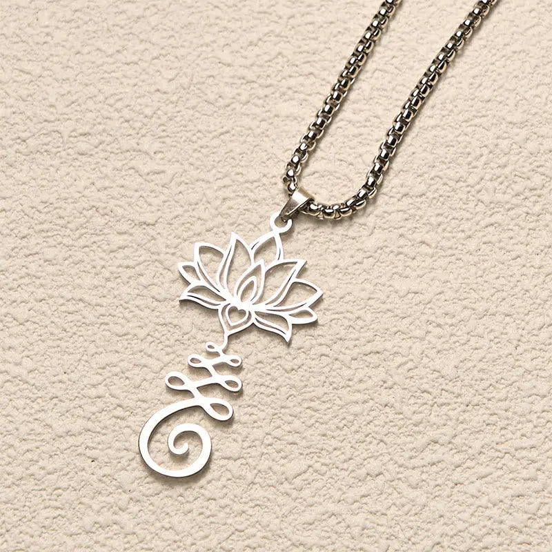 Fortune Jewel Chakra Symbol Irregular Design Lotus Stainless Steel Enlightenment Necklace Pendant Fortune Jewel