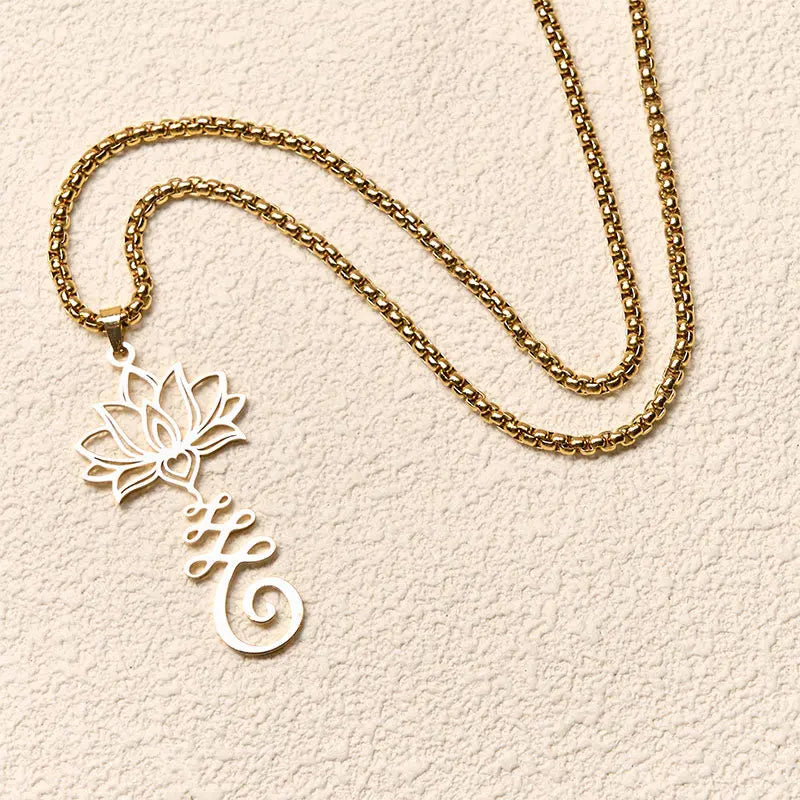 Fortune Jewel Chakra Symbol Irregular Design Lotus Stainless Steel Enlightenment Necklace Pendant Fortune Jewel