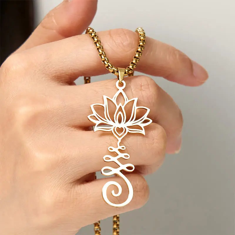 Fortune Jewel Chakra Symbol Irregular Design Lotus Stainless Steel Enlightenment Necklace Pendant Fortune Jewel